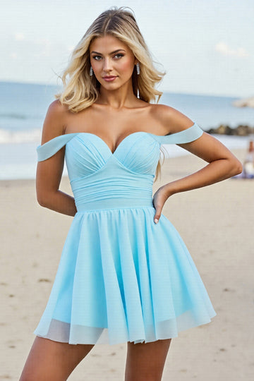 Light Blue A Line Ruched Off The Shoulder Short Cocktail Dress